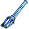 The Root Industries AIR SCS/HIC Stunt Scooter Forks in Blu-Ray offer a stunning metallic blue design with a smooth, polished appearance. This lightweight fork has a cylindrical stem and U-shaped base complete with bolt fittings, perfect for securing a wheel. Its dynamic hue transitions from blue to purple when exposed to light.