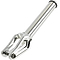 A close-up of the Root Industries AIR SCS/HIC Stunt Scooter Forks in Polished Chrome showcases its cylindrical stem extending from a machined base with two prongs, specifically designed to connect to the scooter's front wheel. This lightweight component exudes a sleek and modern look.