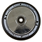 The Root Industries AIR Hollowcore 120mm Stunt Scooter Wheel in Black/Mirror Chrome Silver boasts a sleek metallic core and the brand name elegantly displayed in white on the rim. It is engineered with AIR Hollowcore technology, featuring a central bearing for smooth rides.