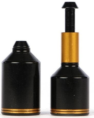 Two Ethic DTC Aluminium Stunt Scooter Pegs in black and gold, with cylindrical shapes, feature a stepped design and a protruding rod on the taller piece. Crafted from 7075 T6 heat-treated material, these pegs stand upright against a plain white background, ready for intense scooter grinds.