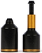 Two Ethic DTC Aluminium Stunt Scooter Pegs in black and gold, with cylindrical shapes, feature a stepped design and a protruding rod on the taller piece. Crafted from 7075 T6 heat-treated material, these pegs stand upright against a plain white background, ready for intense scooter grinds.