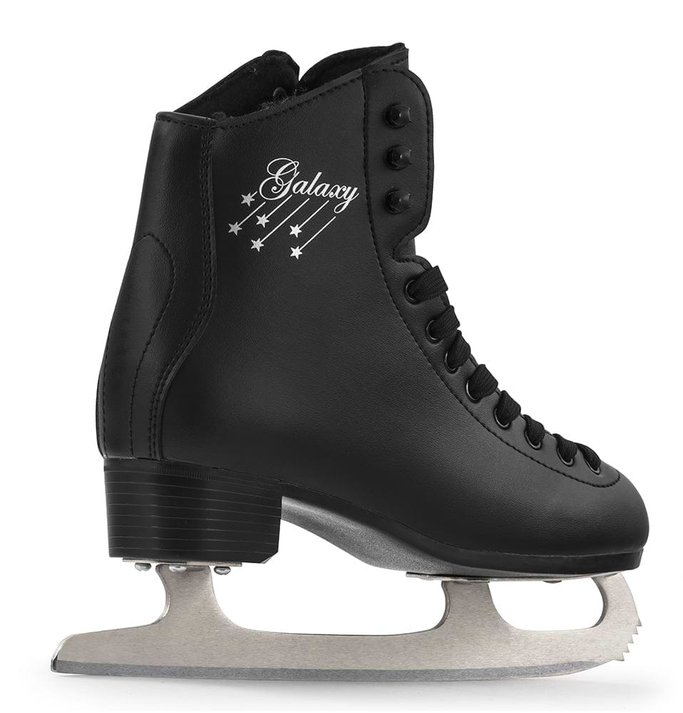 The SFR Galaxy 2 Figure Ice Skates - Black from SFR showcase a striking black boot paired with high carbon stainless steel figure blades. Decorated with star designs and the word "Galaxy," these skates offer an ergonomic heel design and a high lace-up front, providing style and comfort while on the ice.