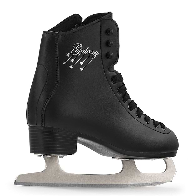 The SFR Galaxy 2 Figure Ice Skates - Black from SFR showcase a striking black boot paired with high carbon stainless steel figure blades. Decorated with star designs and the word "Galaxy," these skates offer an ergonomic heel design and a high lace-up front, providing style and comfort while on the ice.