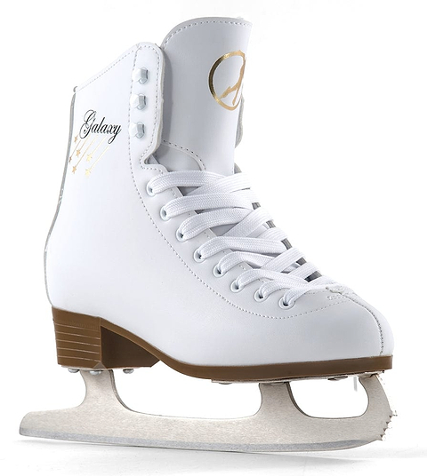The SFR Galaxy 2 Figure Ice Skates - White features a classic figure design with laces, complemented by a brown sole and a high carbon stainless steel blade. Adorned with "Galaxy" and gold star designs on the side, these skates showcase an ergonomic heel design against their white background, highlighting their sleek elegance.