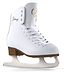 The SFR Galaxy 2 Figure Ice Skates - White features a classic figure design with laces, complemented by a brown sole and a high carbon stainless steel blade. Adorned with "Galaxy" and gold star designs on the side, these skates showcase an ergonomic heel design against their white background, highlighting their sleek elegance.