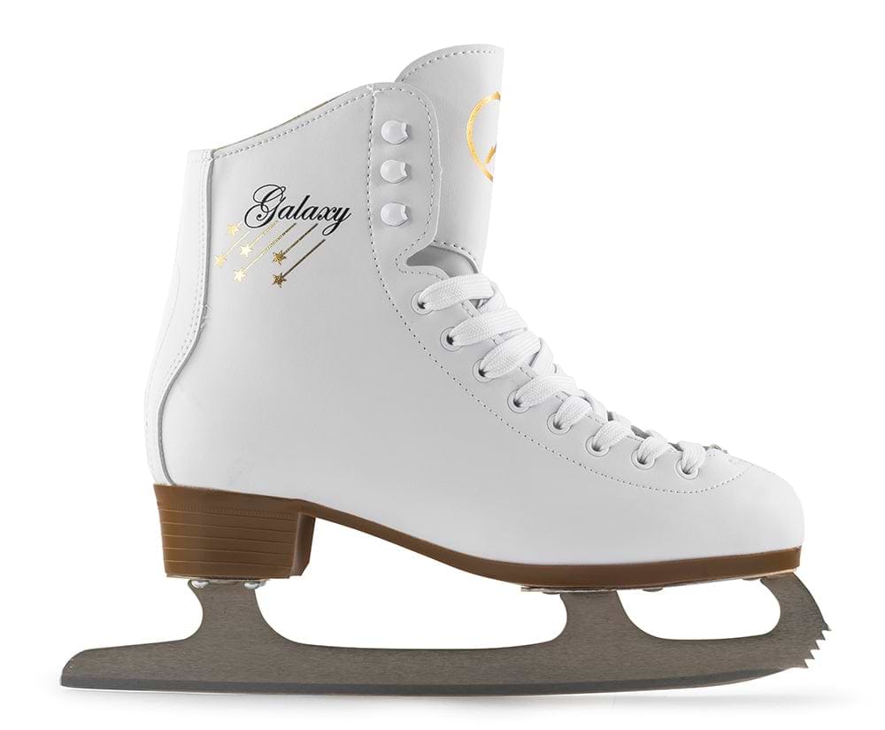 Introducing the SFR Galaxy 2 Figure Ice Skates in White: a figure skating boot embellished with gold stars and "Galaxy." It boasts an ergonomic heel design and a sharp high carbon stainless steel blade, providing both style and performance with every glide.