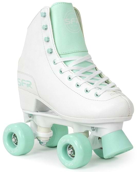 Introducing the SFR Figure Quad Roller Skates - White / Green, featuring a sleek white design with mint green highlights and a high-top style, ideal for beginner skaters. With smooth-finish durable polyurethane wheels and distinctive "SFR" branding near the heel and tongue, these skates embody SFR's quality craftsmanship.