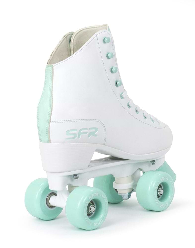The SFR Figure Quad Roller Skates in white and green boast a high-top design, perfect for beginner skaters. With polyurethane wheels and "SFR" branding on the heel, they present a classic appearance complemented by a row of eyelets for lacing.