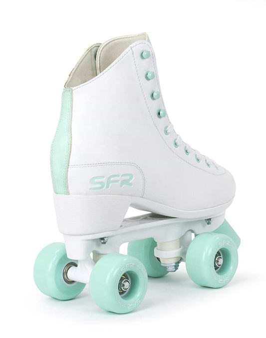 The SFR Figure Quad Roller Skates in white and green boast a high-top design, perfect for beginner skaters. With polyurethane wheels and "SFR" branding on the heel, they present a classic appearance complemented by a row of eyelets for lacing.