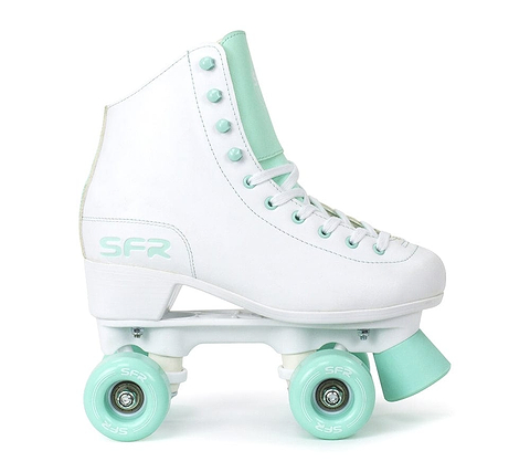 The SFR Figure Quad Roller Skates - White / Green by SFR are ideal for beginner skaters, showcasing a chic high-top design in white and mint green. They come with polyurethane wheels, featuring green accents on the eyelets, tongue, and stopper. The skates also display "SFR" branding on the heel and wheels for a sophisticated appearance.