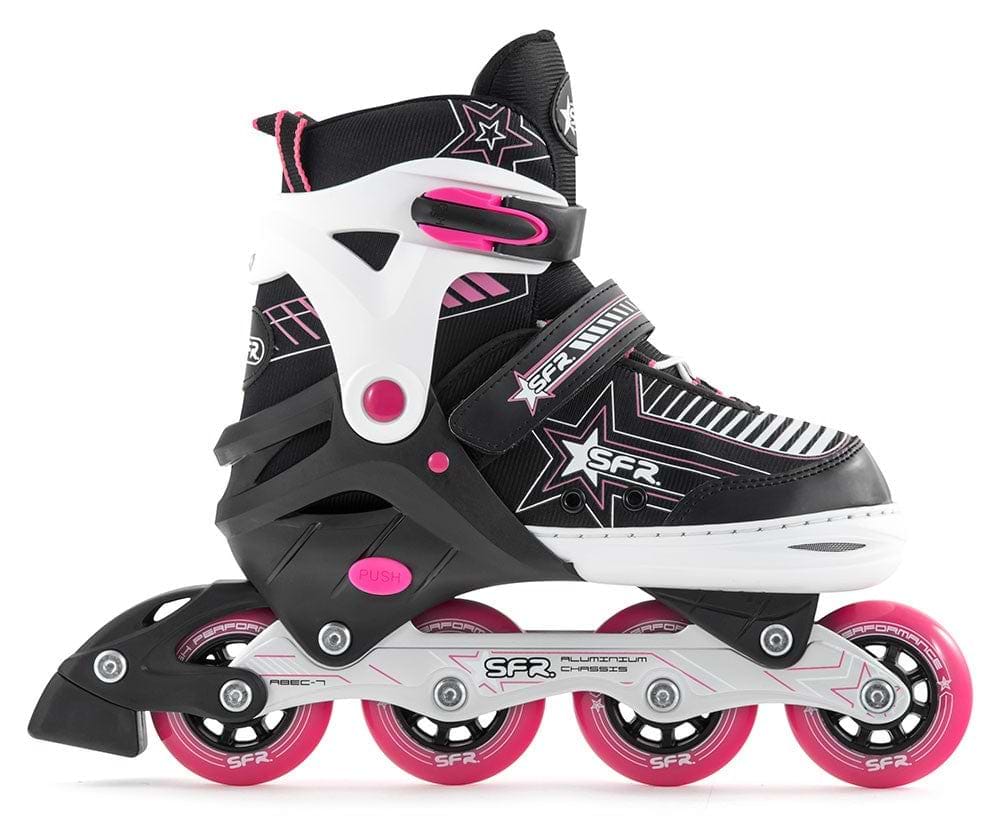 The SFR Pulsar Adjustable Inline Skates in Pink are ideal for beginner skaters. These black and white skates are accented with pink details and feature star designs. They come with adjustable straps for a snug fit and offer high ankle support to ensure stability. The wheels are aligned in a single row beneath a robust frame.