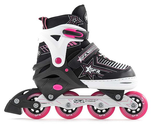 The SFR Pulsar Adjustable Inline Skates in Pink are ideal for beginner skaters. These black and white skates are accented with pink details and feature star designs. They come with adjustable straps for a snug fit and offer high ankle support to ensure stability. The wheels are aligned in a single row beneath a robust frame.