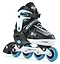 The SFR Pulsar Adjustable Inline Skates in black and turquoise offer a sleek, modern design with a star motif, making them ideal for beginner skaters. With the SFR logo prominently displayed, these skates feature four wheels and adjustable straps to ensure both comfort and performance.