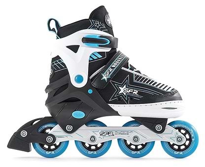 The SFR Pulsar Adjustable Inline Skates – Blue are ideal for beginner skaters, featuring a sleek black and white design with blue accents and four coordinated wheels. The boot is adorned with star patterns alongside the SFR branding. It includes a robust, adjustable frame equipped with a convenient "Push" button for effortless resizing.