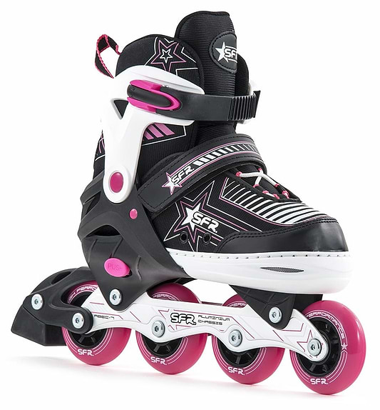 The SFR Pulsar Adjustable Inline Skates - Pink are designed for beginner skaters and feature black and white boots with pink accents, complemented by four pink wheels. The boots have star designs and an adjustable strap system for a secure fit, proudly displaying the SFR brand on both the boot and wheels.