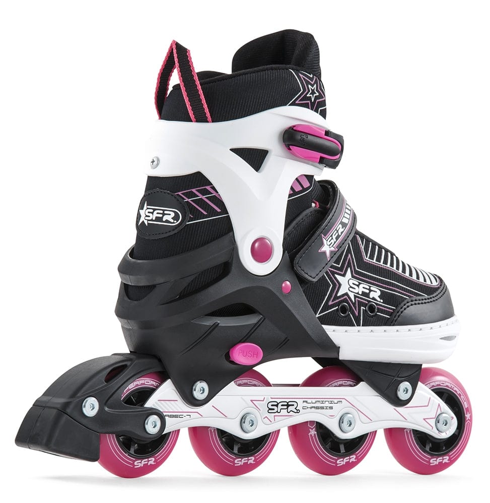 The SFR Pulsar Adjustable Inline Skates - Pink are stylish black and white skates with pink accents and wheels, making them perfect for beginner skaters. They include adjustable straps, a durable white support frame, and a logo decorated with stars.