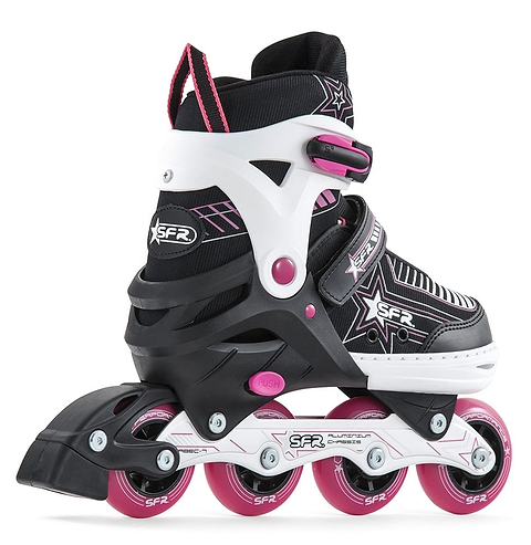 The SFR Pulsar Adjustable Inline Skates - Pink are stylish black and white skates with pink accents and wheels, making them perfect for beginner skaters. They include adjustable straps, a durable white support frame, and a logo decorated with stars.