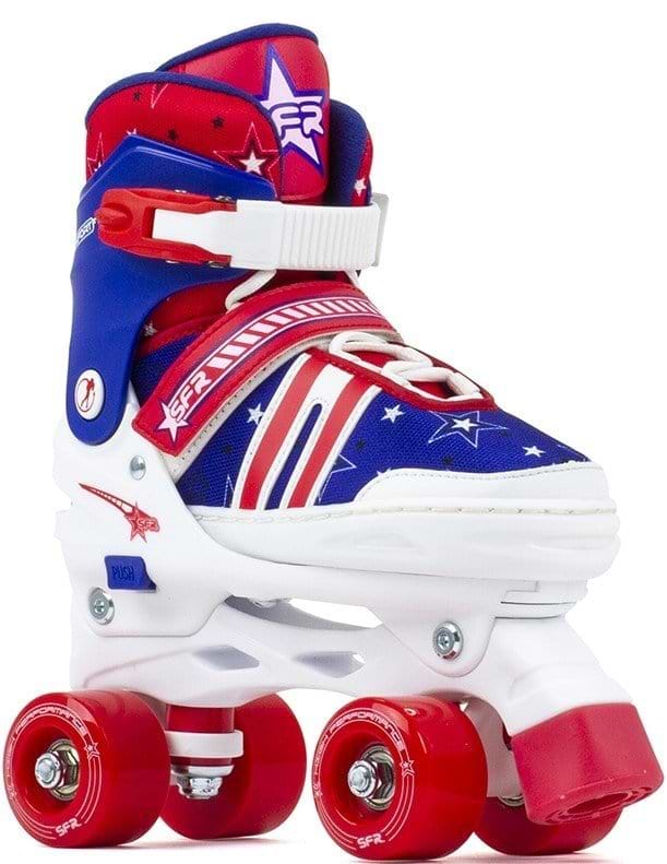 Introducing the SFR Spectra Adjustable Quad Roller Skates in Blue and Red, perfect for beginner skaters. These skates feature an eye-catching design with star patterns, four durable polyurethane wheels, adjustable straps, and high ankle support to provide a smooth ride and secure fit for newcomers to skating.