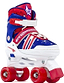 Introducing the SFR Spectra Adjustable Quad Roller Skates in Blue and Red, perfect for beginner skaters. These skates feature an eye-catching design with star patterns, four durable polyurethane wheels, adjustable straps, and high ankle support to provide a smooth ride and secure fit for newcomers to skating.