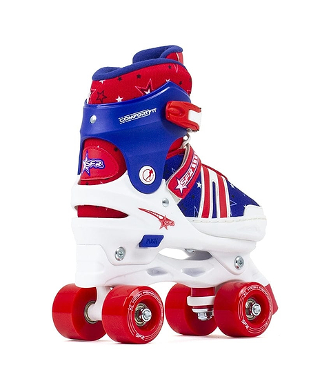 The SFR Spectra Adjustable Quad Roller Skates in Blue/Red are ideal for beginner skaters with a patriotic theme. They feature red, white, and blue colors adorned with stars and stripes, a white boot enhanced by red and blue accents, a high ankle cuff for support, and durable polyurethane wheels in vibrant red.