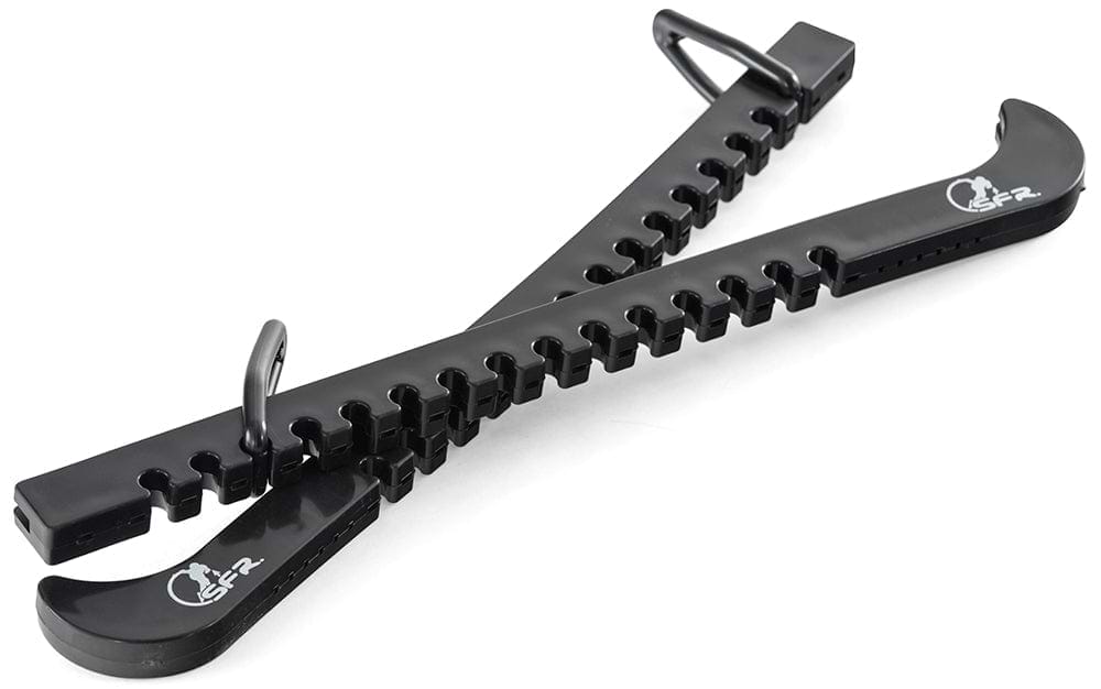 Introducing the SFR Figure Ice Skate Blade Guards in black, crafted with interlocking teeth to securely stabilize luggage on motorcycles or similar vehicles. They feature a curved hook and D-ring for versatile fastening, offering protection akin to blade guards for figure ice skates during transport.