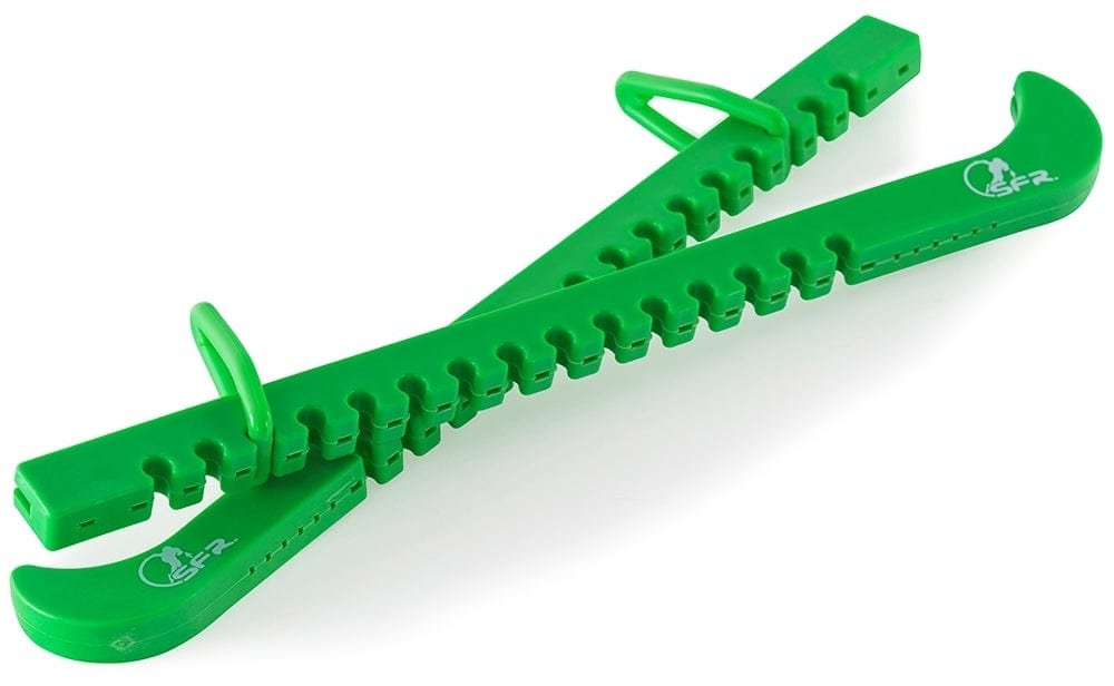 Two SFR Blade Guards by SFR, green plastic snow and ice cleat removers with ridged edges and handles, are crossed over each other against a white background.