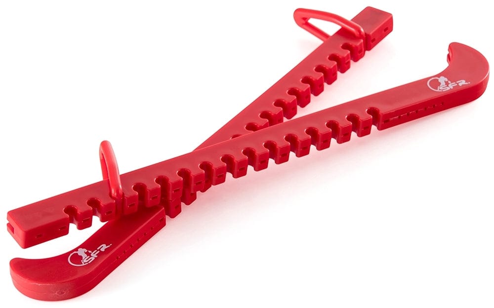 The SFR Figure Ice Skate Blade Guards in red are designed with durability in mind, featuring a sturdy construction that includes hook-shaped ends and textured notches for improved grip. Their convenient loop near the hooked end allows for easy hanging or additional leverage, making these blade guards essential tools for any ice skating enthusiast seeking versatility.
