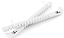 SFR Figure Ice Skate Blade Guards in white, crafted from durable polypropene, showcase a black SFR logo. Featuring grooves designed to fit ice skating blades and secure clasps at the ends, these guards elegantly cross over each other on a white background.