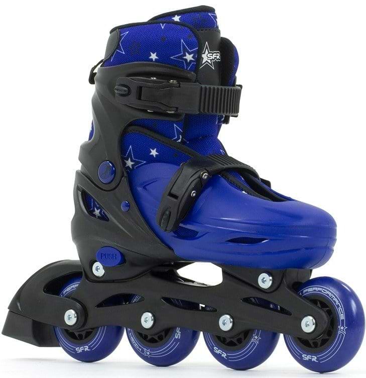 The SFR Plasma Adjustable Inline Skates in black and blue are ideal for beginner skaters, showcasing a four-wheel design. The boot is adorned with star patterns and features adjustable buckles for fastening along with smooth ABEC-5 bearings, ensuring an effortlessly gliding experience.