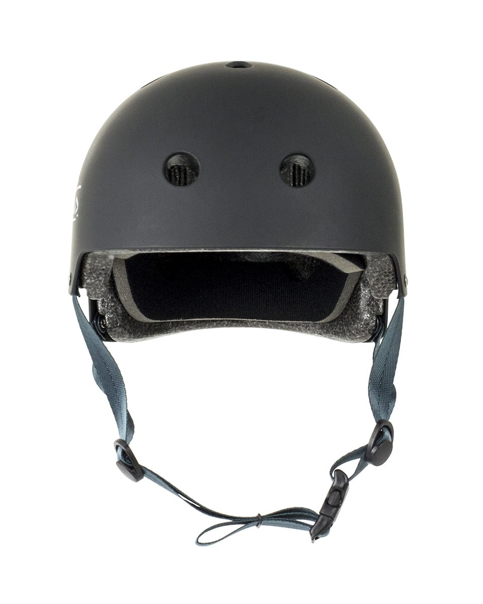 The Slamm Logo Skate / Scooter Helmet - Black boasts a stylish, smooth exterior in black with two front ventilation holes and adjustable blue straps. Ideal for scooter riders, it meets EN1078 safety standards to provide protection during cycling or skating activities.