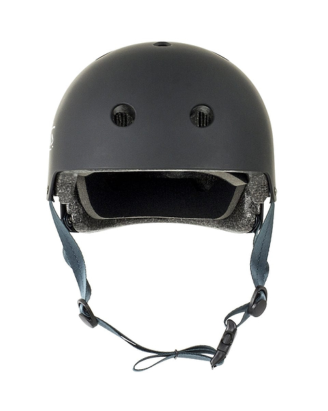 The Slamm Logo Skate / Scooter Helmet - Black boasts a stylish, smooth exterior in black with two front ventilation holes and adjustable blue straps. Ideal for scooter riders, it meets EN1078 safety standards to provide protection during cycling or skating activities.