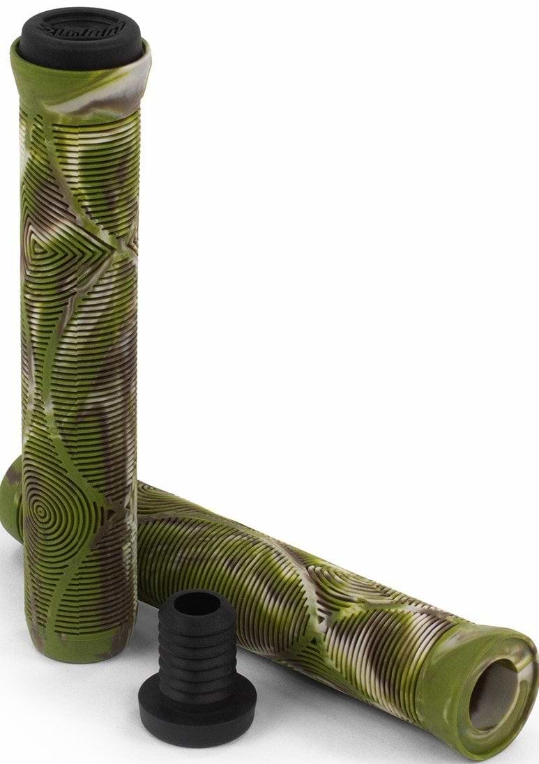 Two Slamm Team Swirl Jungle Green Stunt Scooter Grips - 165mm with a textured green and brown design; one grip upright, one lying flat, and a black end cap in front. Perfect for your stunt scooter.