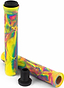 Displayed are two vibrant 165mm Slamm Team Swirl Tropical Yellow Stunt Scooter Grips with a swirling rainbow pattern, one positioned flat and the other upright. The black bar end cap is also shown, ideal for enhancing comfort and control in any scooter upgrade.