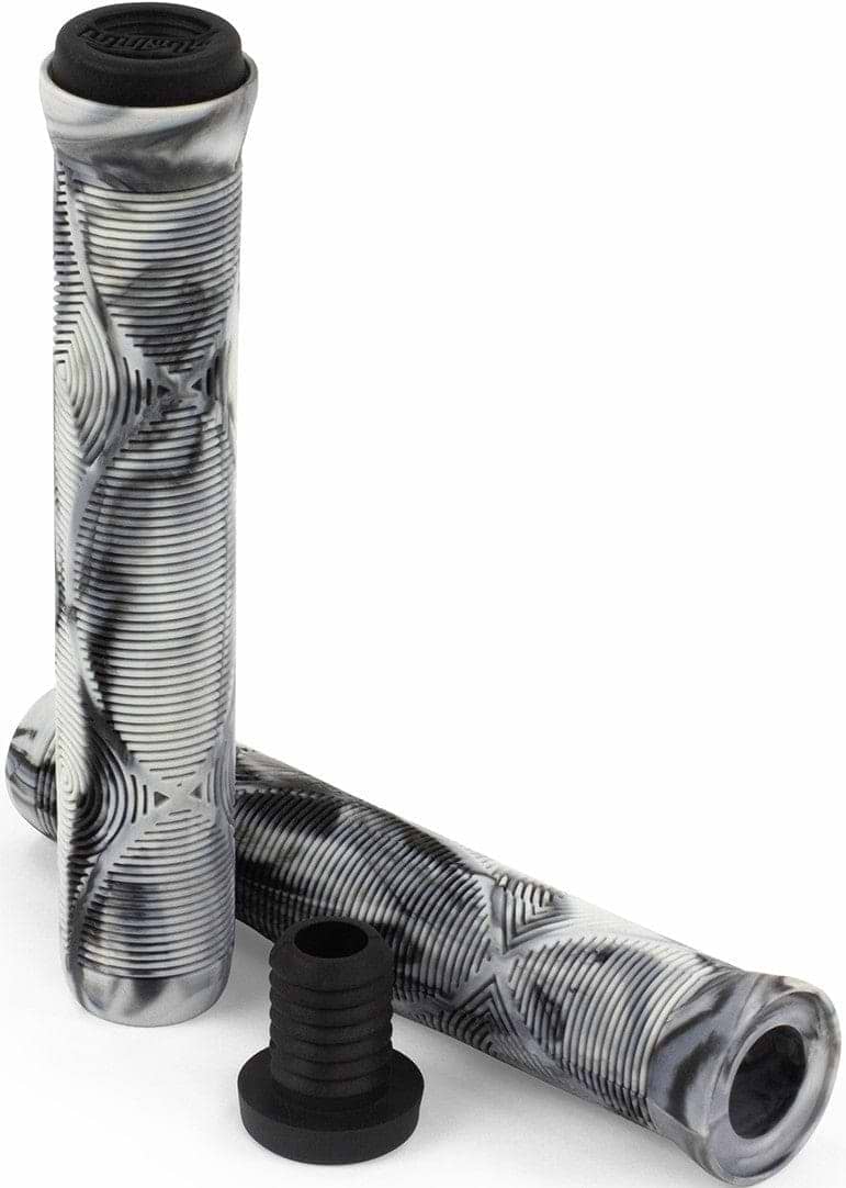 The Slamm Team Swirl Urban Grey Stunt Scooter Grips, measuring 165mm, feature a dynamic black and gray swirl pattern with a wavy, textured surface. One grip is positioned vertically with its black end cap on top, while the other lies horizontally next to a separate end cap—perfect for enhancing your scooter.