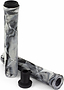 The Slamm Team Swirl Urban Grey Stunt Scooter Grips, measuring 165mm, feature a dynamic black and gray swirl pattern with a wavy, textured surface. One grip is positioned vertically with its black end cap on top, while the other lies horizontally next to a separate end cap—perfect for enhancing your scooter.