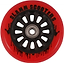 A close-up of the Slamm Nylon Core 110mm Scooter Wheel - Red showcases its appealing design. The wheel, perfect for stunt scooter riders, features a striking red outer section with a black core adorned with multiple spokes. A unique black paint splatter pattern enhances the text on the wheel, while ABEC 9 Chrome Bearings ensure smooth performance.