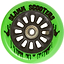 The Slamm Nylon Core 110mm Scooter Wheel in vibrant green boasts black spokes and a central metal bearing, featuring ABEC 9 Chrome Bearings for smooth rides. The edge is adorned with "Slamm Scooters" printed in black, complemented by paint splatters on its polyurethane composite surface.