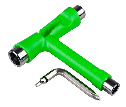 The Sushi Ultimate Ninja Skateboard Multi T-Tool in green, with its ergonomic T-shape design and end sockets for adjusting skateboard parts, is showcased. Next to it is an L-shaped hex key Allen/Philips tool with a Phillips screwdriver head.