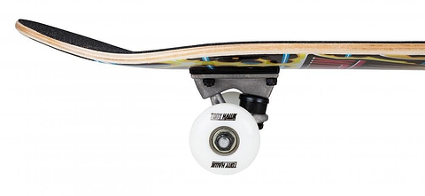 A close-up of the Tony Hawk 180 Series Arcade Complete Skateboard reveals a side view showcasing the deck, trucks, and a prominently branded white wheel with "Tony Hawk." Ideal for entry-level skaters, it boasts a vibrant deck design and visible grip tape on top.