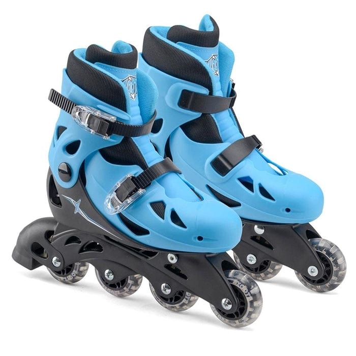 A pair of Xootz Adjustable Inline Roller Skates in Blue, featuring adjustable straps and four wheels each, ideal for beginner skaters enjoying recreational fun on smooth surfaces.