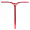 The vibrant red Logic Axis V2 Aluminium Oversized IHC Stunt Scooter Bars showcase a bold T-shape design with intricate cut-outs near the center junction. Made from aluminium, these lightweight yet strong bars stand out against a plain white background, measuring 610mm by 610mm.