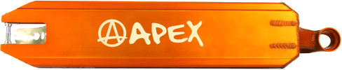 The Apex Pro Orange Stunt Scooter Deck, measuring 4.5" x 20.1", features the brand name "APEX" in white along the side. Designed for lightweight durability, it has sleek, angular edges and a rounded end with an attachment cutout, making it ideal for stunt enthusiasts.