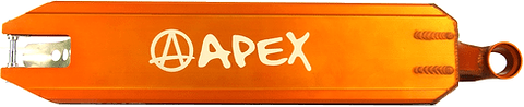 The Apex Pro Orange Stunt Scooter Deck, measuring 4.5" x 20.1", features the brand name "APEX" in white along the side. Designed for lightweight durability, it has sleek, angular edges and a rounded end with an attachment cutout, making it ideal for stunt enthusiasts.