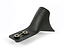 A Root Industries Vader Stunt Scooter Fender - Black, featuring a black metal bracket with two attached screws on a white background. Ideal for securing the fender, it showcases a smooth, curved design with a raised emblem on the front.