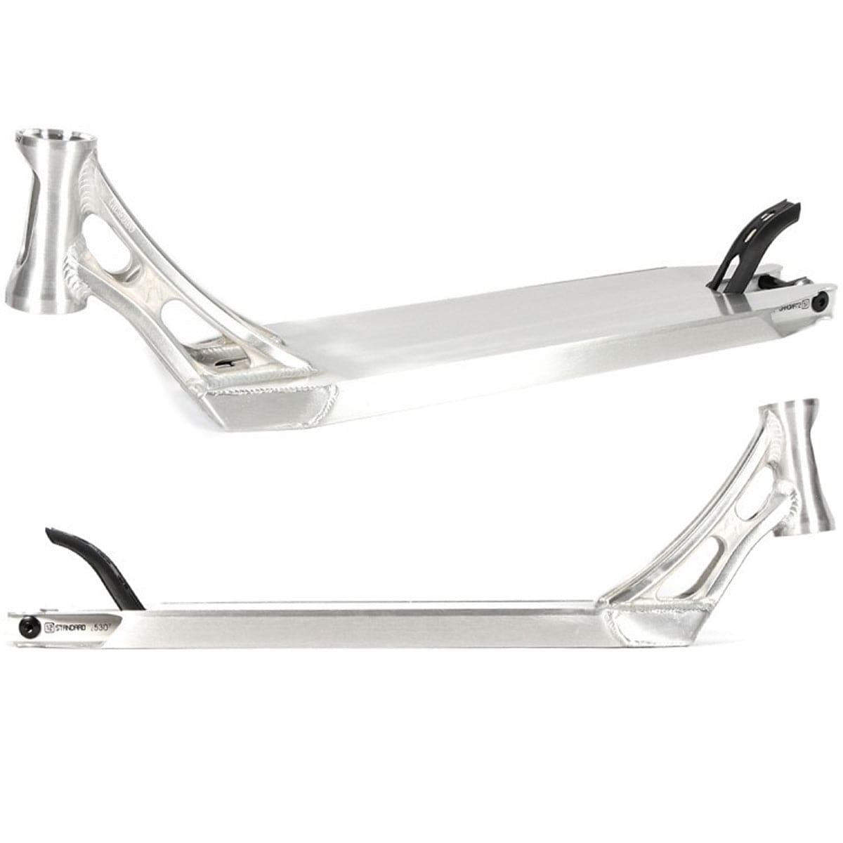 The Ethic DTC Vulcain 12 STD Raw Silver Stunt Scooter Deck, measuring 5.1" x 20.9", features a sleek minimalist silver design with a versatile deck. It includes two cut-out sections for weight reduction, an integrated fork mount in the head tube, and a rear brake. Its compatibility with the 12 STD bearing system guarantees smooth rides.
