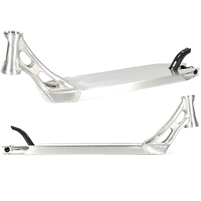 The Ethic DTC Vulcain 12 STD Raw Silver Stunt Scooter Deck, measuring 5.1" x 20.9", features a sleek minimalist silver design with a versatile deck. It includes two cut-out sections for weight reduction, an integrated fork mount in the head tube, and a rear brake. Its compatibility with the 12 STD bearing system guarantees smooth rides.