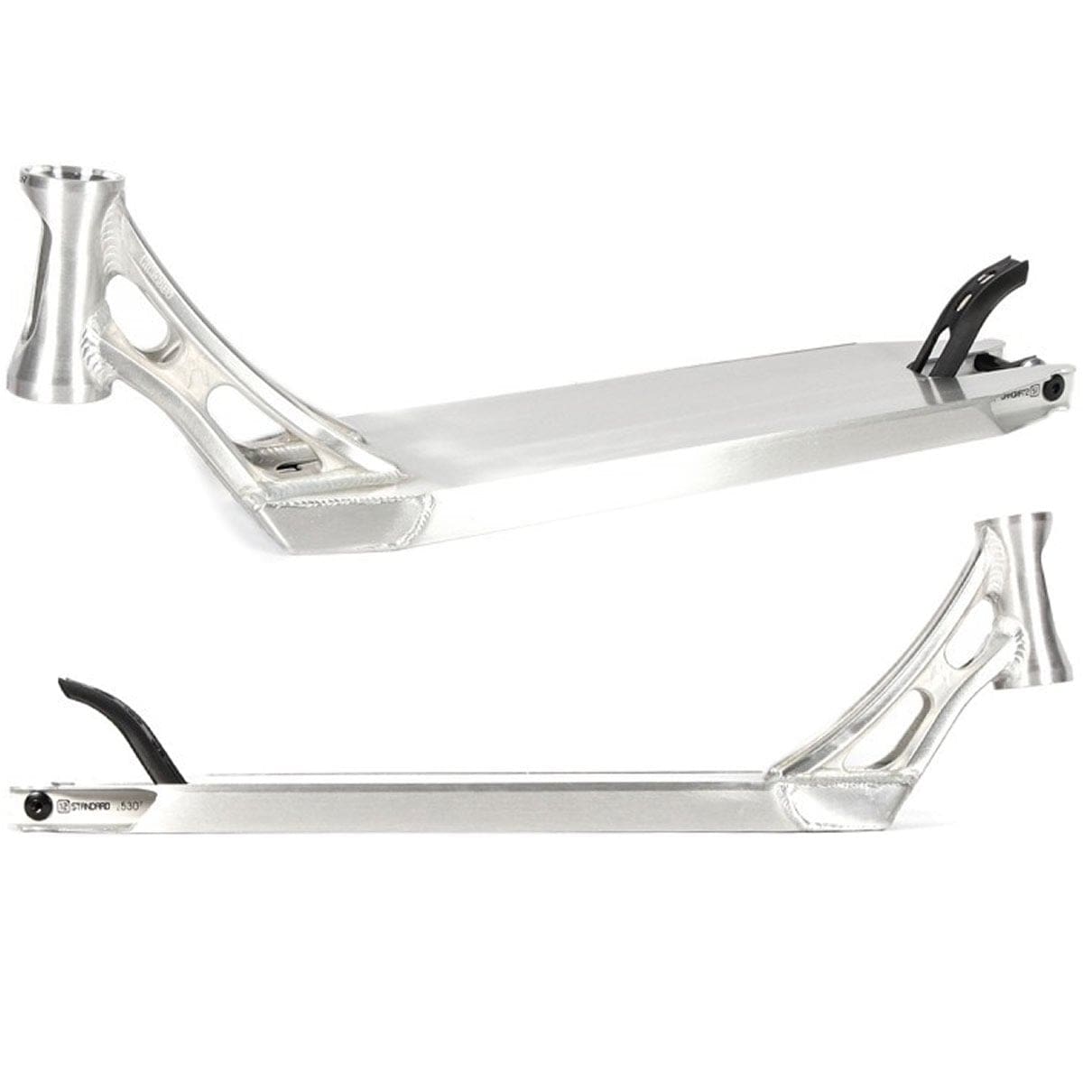 Two perspectives of the Ethic DTC Vulcain 12 STD Raw Silver Stunt Scooter Deck, measuring 5.1" x 22", showcase its cutout designs and rear brake. This sleek scooter deck boasts a metallic finish that underscores its contemporary design and features a 12 STD bearing system for exceptional performance.