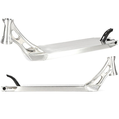 Two perspectives of the Ethic DTC Vulcain 12 STD Raw Silver Stunt Scooter Deck, measuring 5.1" x 22", showcase its cutout designs and rear brake. This sleek scooter deck boasts a metallic finish that underscores its contemporary design and features a 12 STD bearing system for exceptional performance.