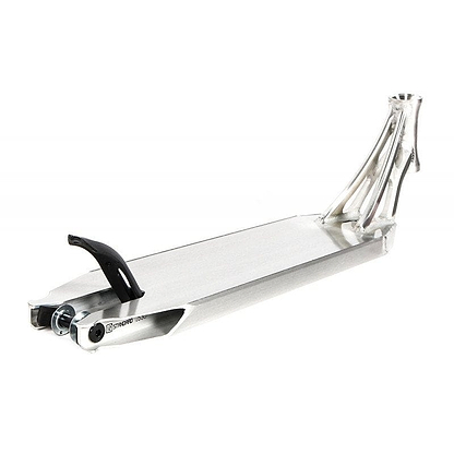 The Ethic DTC Vulcain 12 STD Raw Silver Stunt Scooter Deck, measuring 5.1" x 22", showcases a sleek, minimalist design in a raw silver finish. It comes with a reinforced neck and curved rear brake, two slots for wheel mounts, and is equipped with the advanced 12 STD bearing system for enhanced performance.