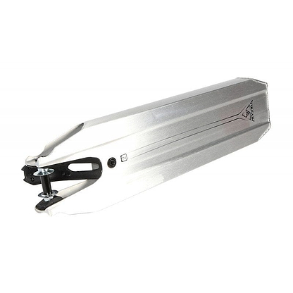 The image showcases the Ethic DTC Vulcain 12 STD Raw Silver Stunt Scooter Deck, a sleek silver deck with a simple yet refined design. Constructed from metal, it features a versatile flat platform, an integrated headtube, and a cutout for rear wheel attachment compatible with the 12 STD bearing system.
